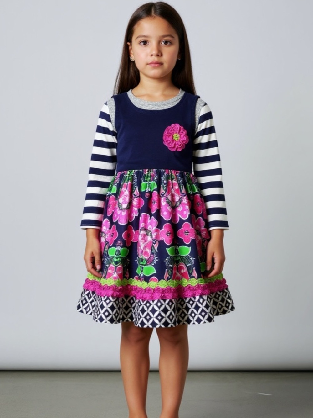 Navy & Pink Floral Stripe Girls' Casual Sweater Dress with Decorative Flower - Picture 10 of 14